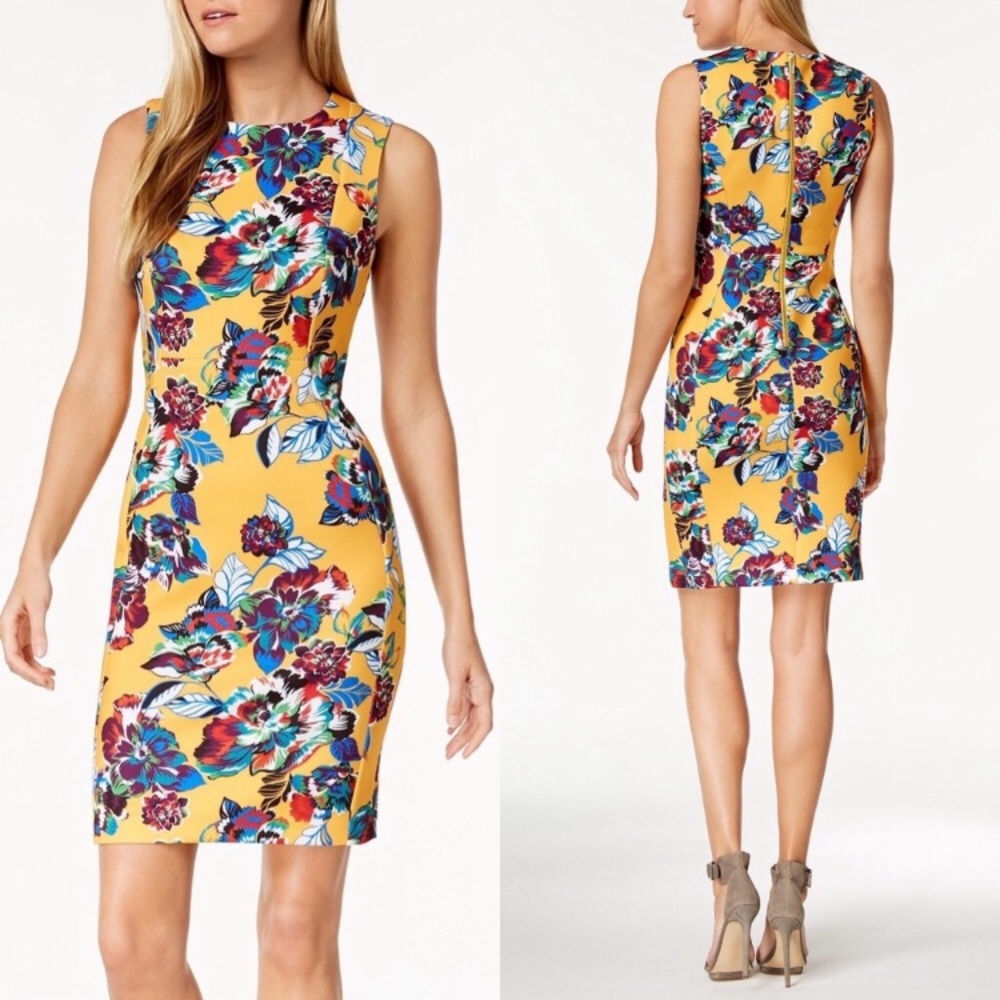 Calvin Klein 4 Sheath Yellow Floral Exposed Zip